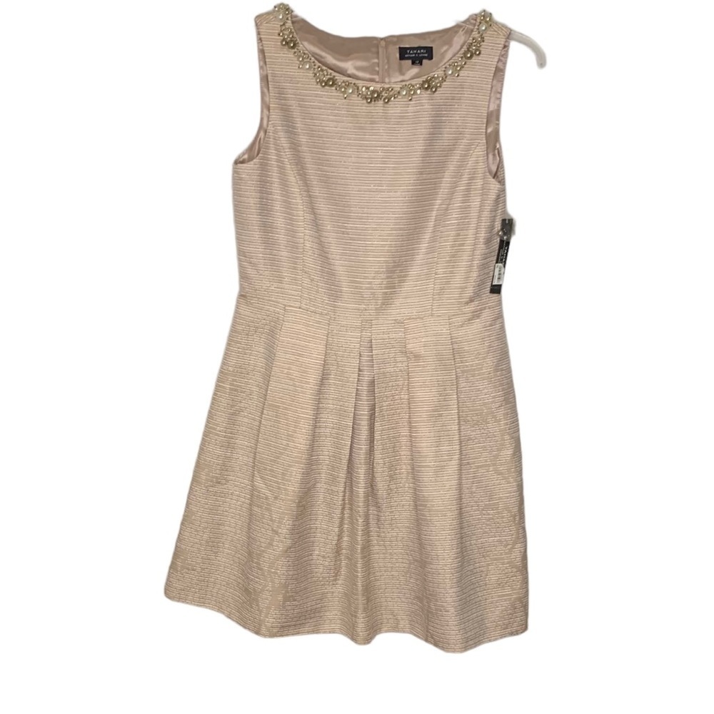 Tahari Sharon Fit & Flare Beaded Cocktail Dress 12‎ NWT Taupe - PRICE REDUCED